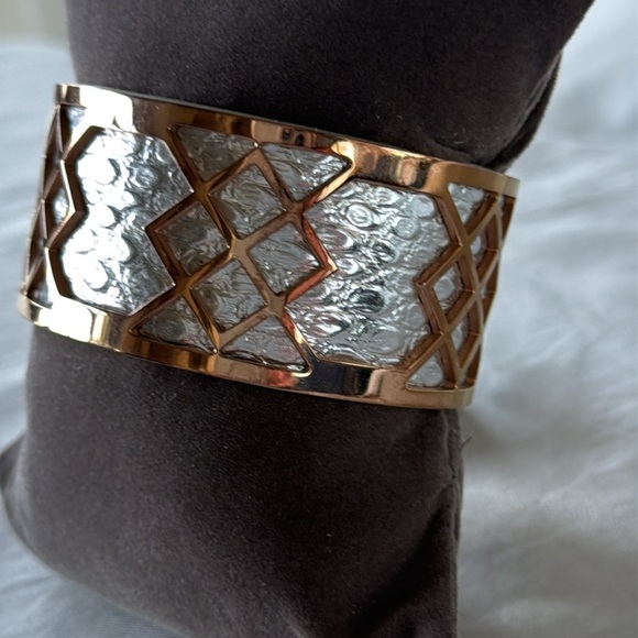 Modern Rose Gold & Silver Tone Snakeskin Textured Lattice Cuff Bracelet - Picture 4 of 11